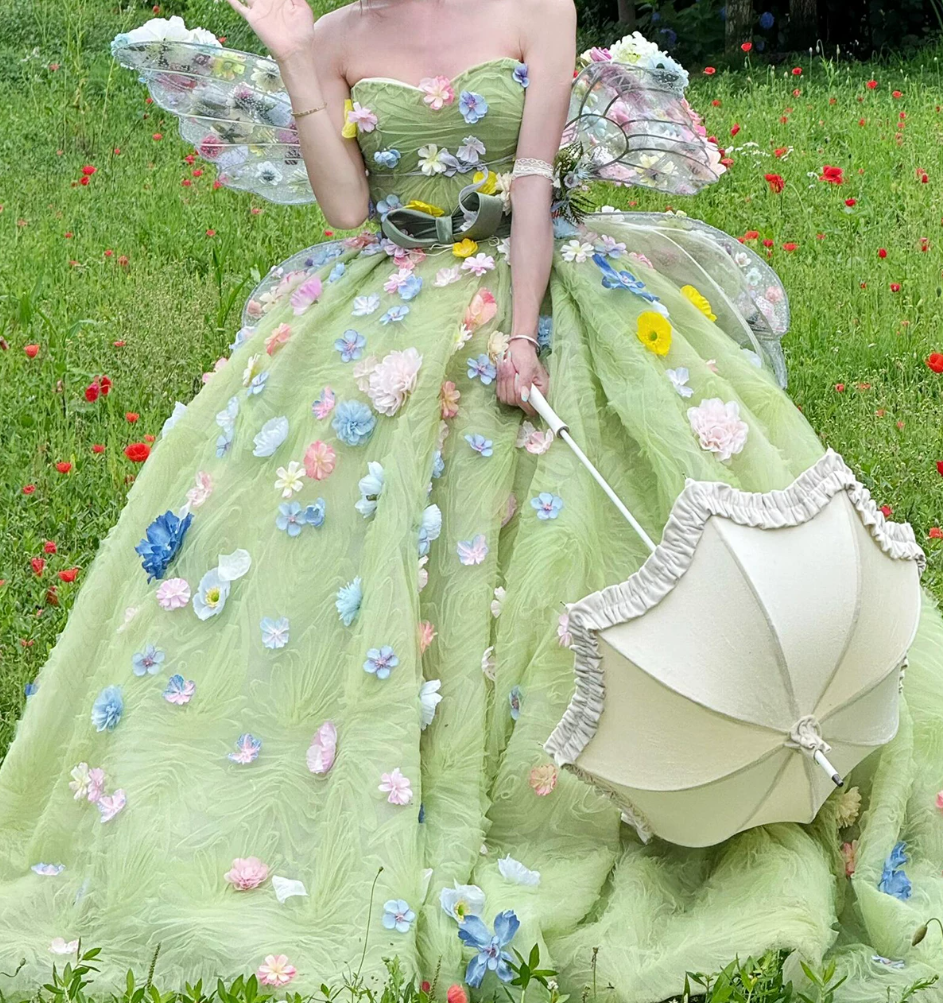 Vibrant Strapless Green Prom Dress Appliques A-Line Evening Dress C9962