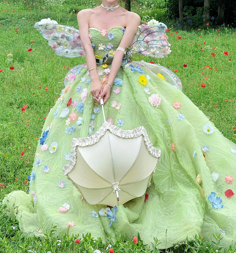 Vibrant Strapless Green Prom Dress Appliques A-Line Evening Dress C9962