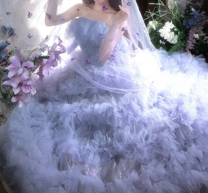 Dreamy Strapless Purple Prom Dress Ruffles Sequins A-Line Evening Dress C9963