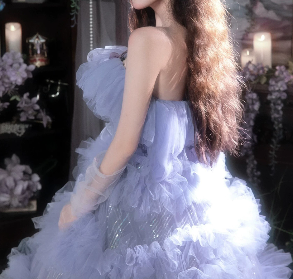 Dreamy Strapless Purple Prom Dress Ruffles Sequins A-Line Evening Dress C9963