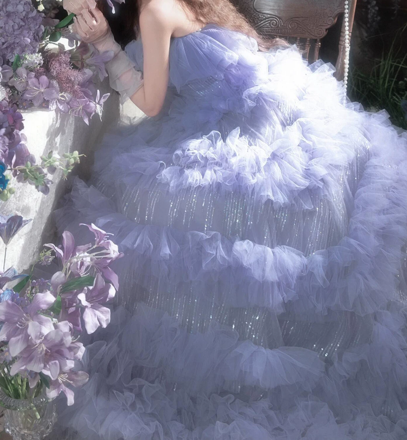 Dreamy Strapless Purple Prom Dress Ruffles Sequins A-Line Evening Dress C9963