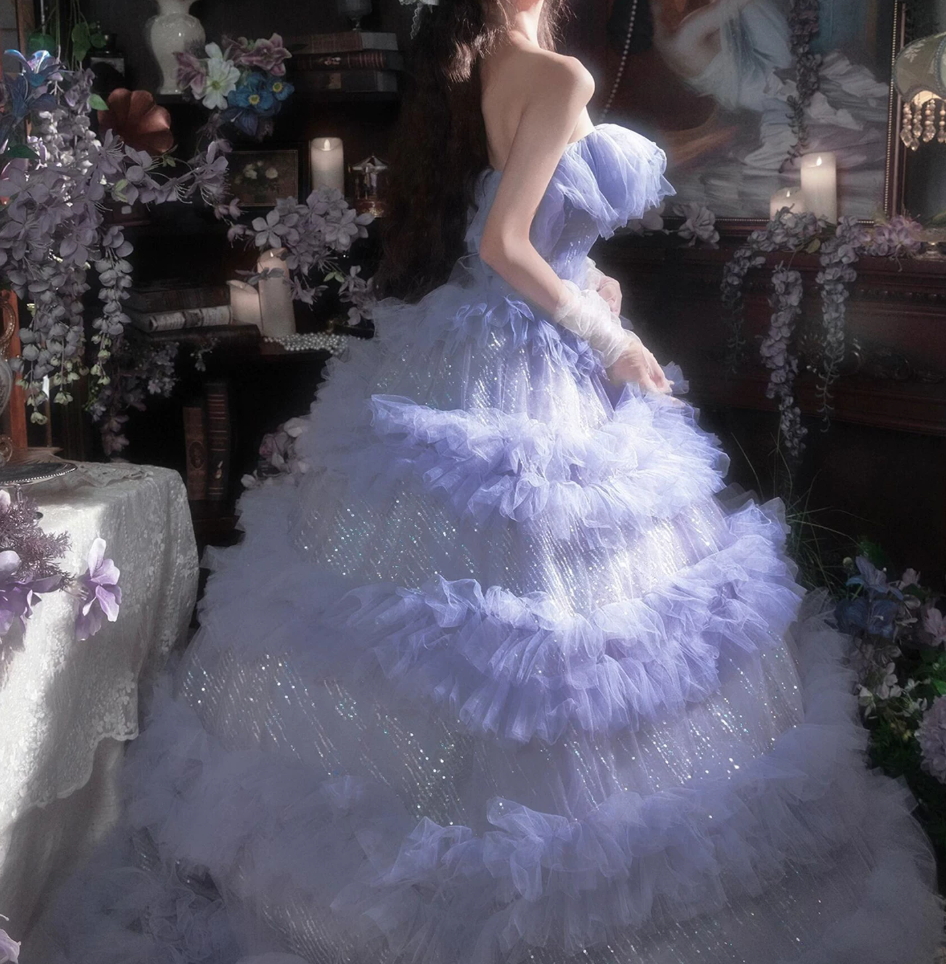 Dreamy Strapless Purple Prom Dress Ruffles Sequins A-Line Evening Dress C9963