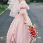 Elegant Square Neck Pink Wedding Dresses Lace Short Sleeve Ruffles A-Line Bridal Dress C9964
