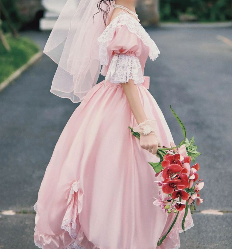 Elegant Square Neck Pink Wedding Dresses Lace Short Sleeve Ruffles A-Line Bridal Dress C9964