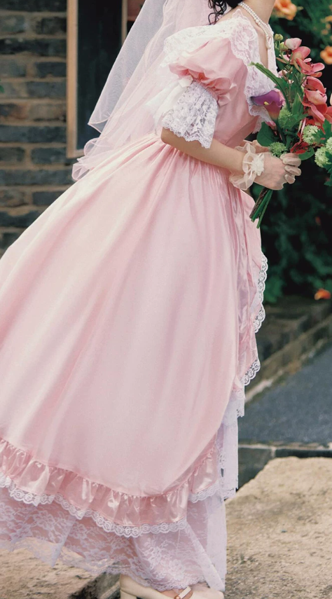 Elegant Square Neck Pink Wedding Dresses Lace Short Sleeve Ruffles A-Line Bridal Dress C9964