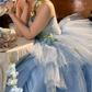 Vintage Strapless Blue Prom Dress Tulle Tiered A-Line Evening Dress C9965