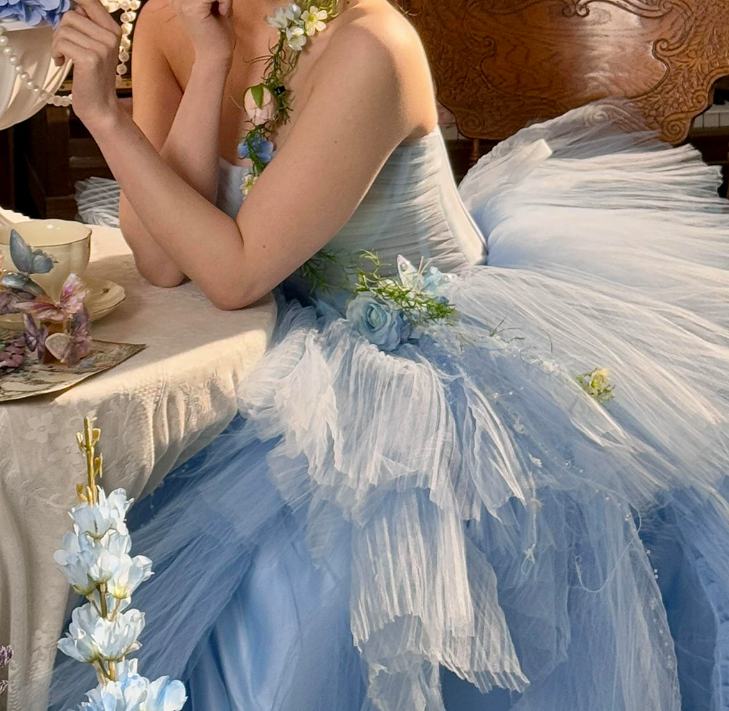 Vintage Strapless Blue Prom Dress Tulle Tiered A-Line Evening Dress C9965