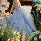 Vintage Strapless Blue Prom Dress Tulle Tiered A-Line Evening Dress C9965