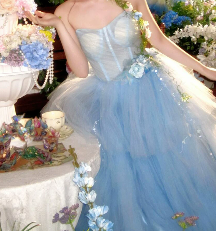 Vintage Strapless Blue Prom Dress Tulle Tiered A-Line Evening Dress C9965
