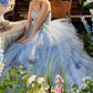Vintage Strapless Blue Prom Dress Tulle Tiered A-Line Evening Dress C9965