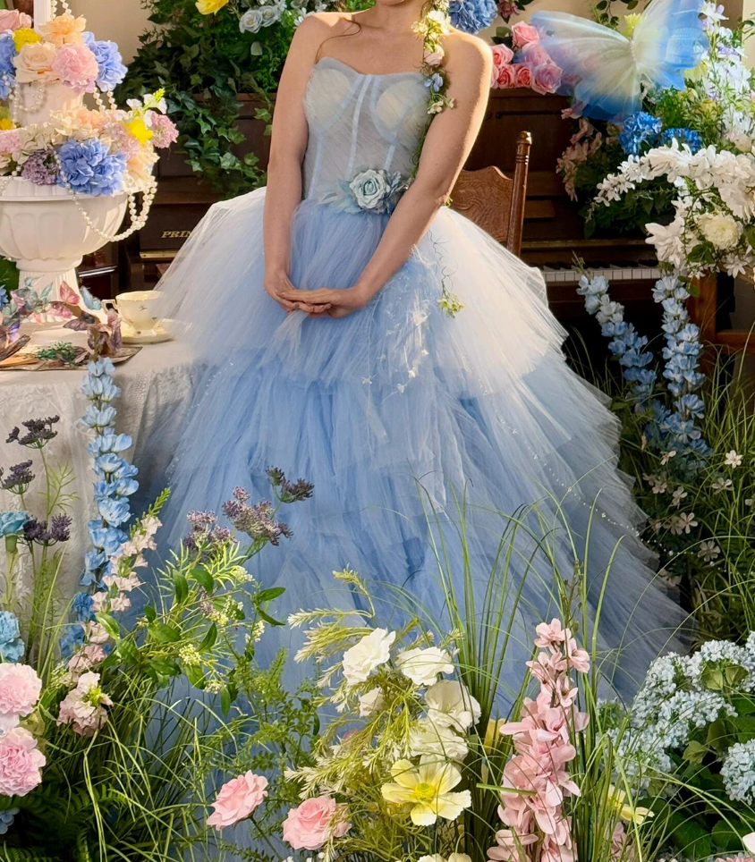 Vintage Strapless Blue Prom Dress Tulle Tiered A-Line Evening Dress C9965