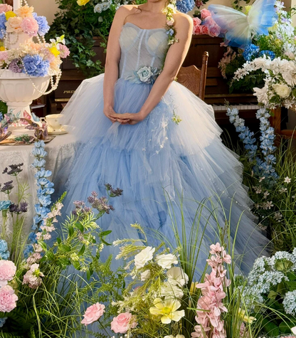 Vintage Strapless Blue Prom Dress Tulle Tiered A-Line Evening Dress C9965