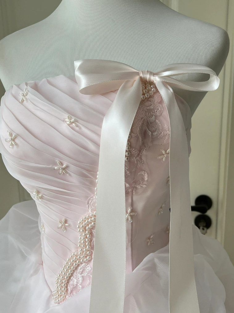 Classical Strapless Pink Prom Dress Bows Beads Ruffles A-Line Evening Dress C9971