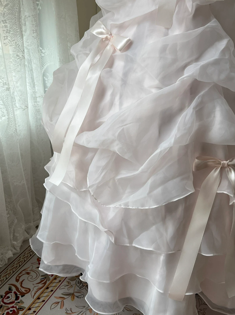 Classical Strapless Pink Prom Dress Bows Beads Ruffles A-Line Evening Dress C9971