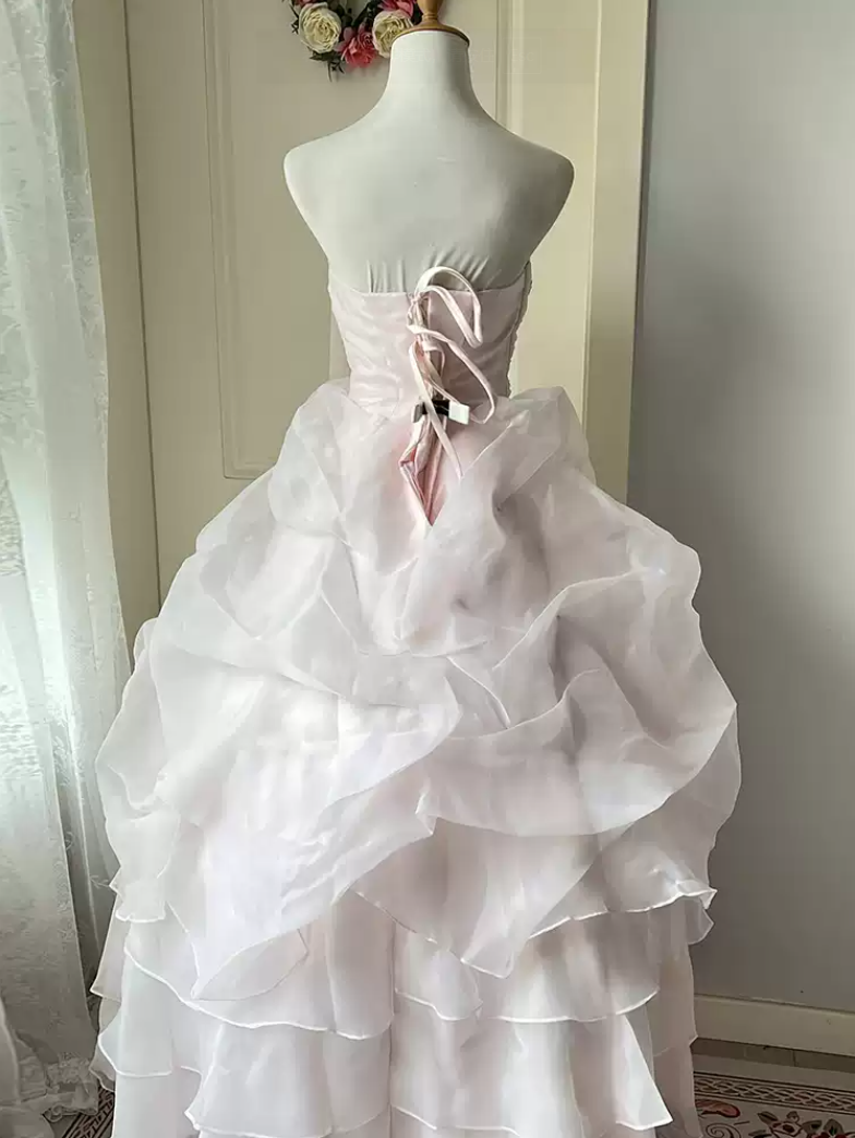 Classical Strapless Pink Prom Dress Bows Beads Ruffles A-Line Evening Dress C9971