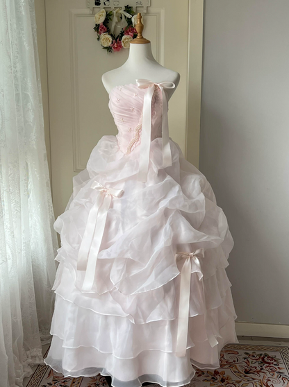 Classical Strapless Pink Prom Dress Bows Beads Ruffles A-Line Evening Dress C9971