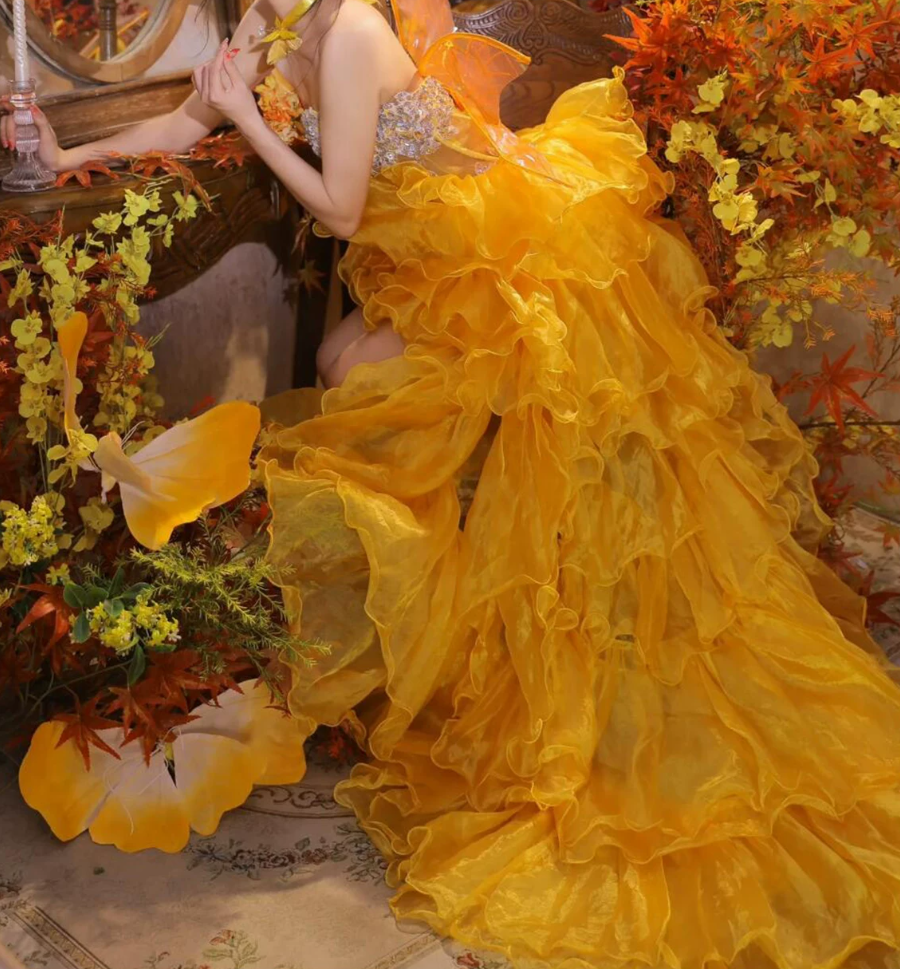 Glam Strapless Yellow Homecoming Dress Crystals Ruffled A-Line Birthday Dress C9972