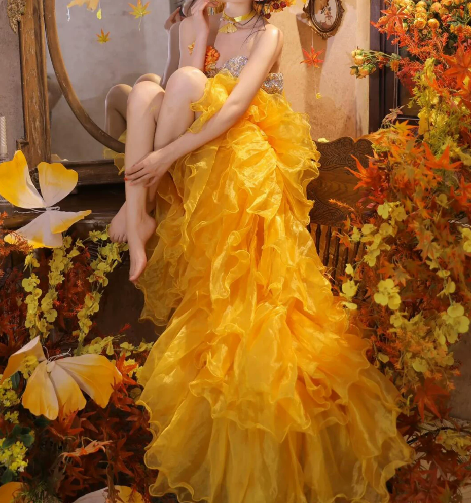 Glam Strapless Yellow Homecoming Dress Crystals Ruffled A-Line Birthday Dress C9972