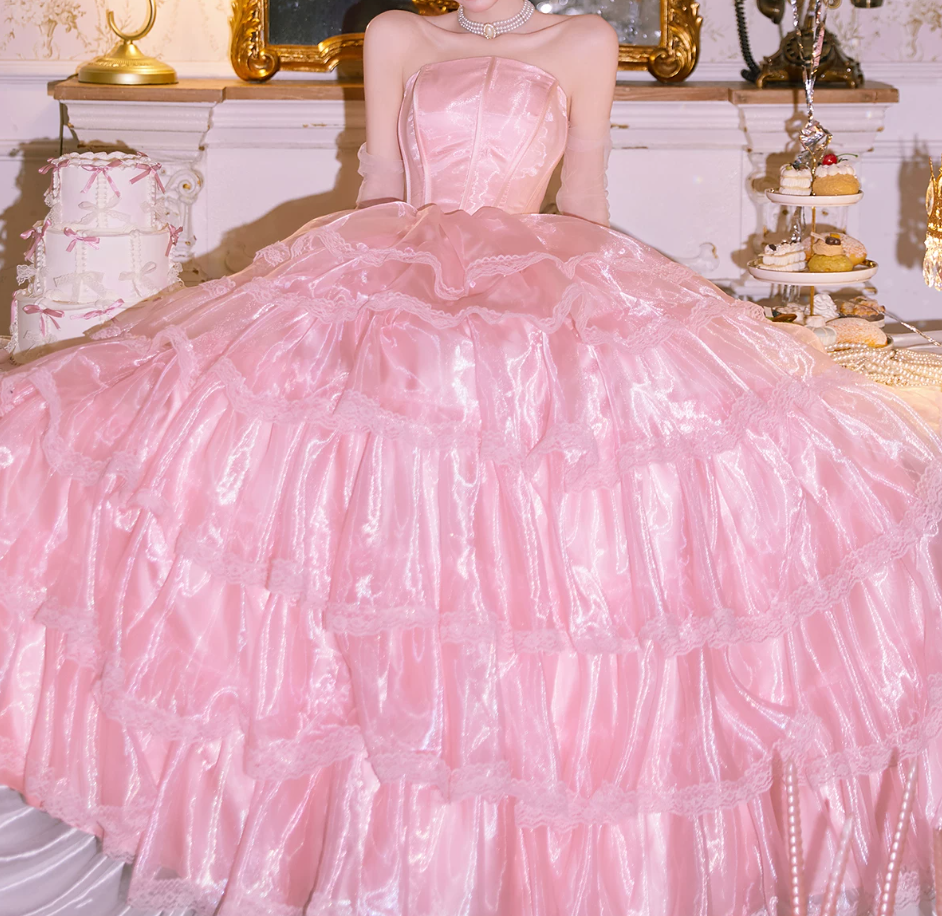 Robe de bal de princesse bustier à volants en satin long, robe de soirée C8117