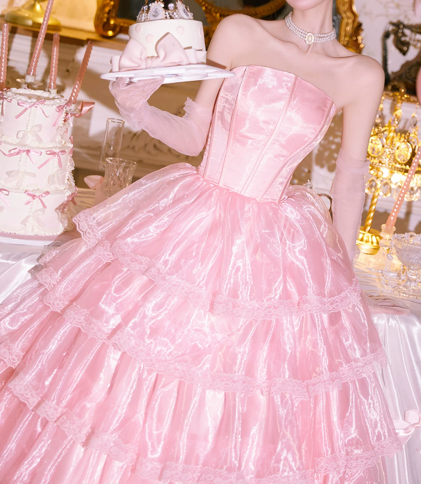 Robe de bal de princesse bustier à volants en satin long, robe de soirée C8117