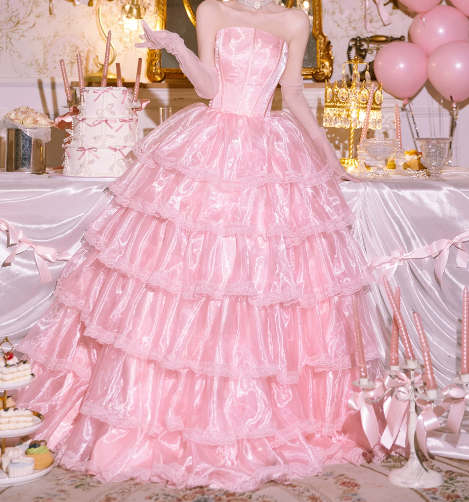 Robe de bal de princesse bustier à volants en satin long, robe de soirée C8117