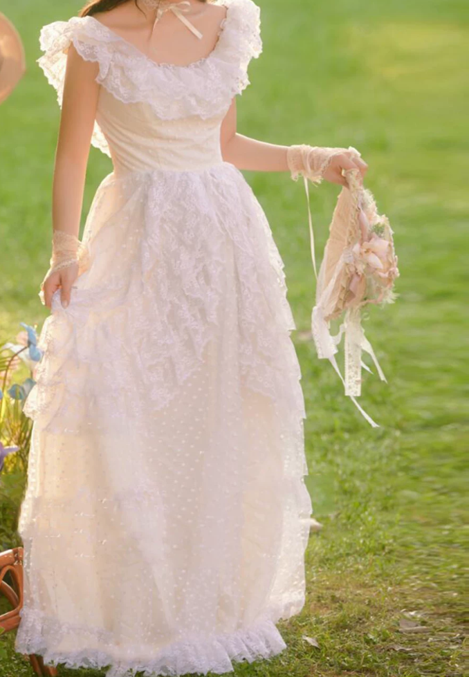 Glam Square Neck Wedding Dresses Ruffled Lace A-Line Bridal Dress C9978