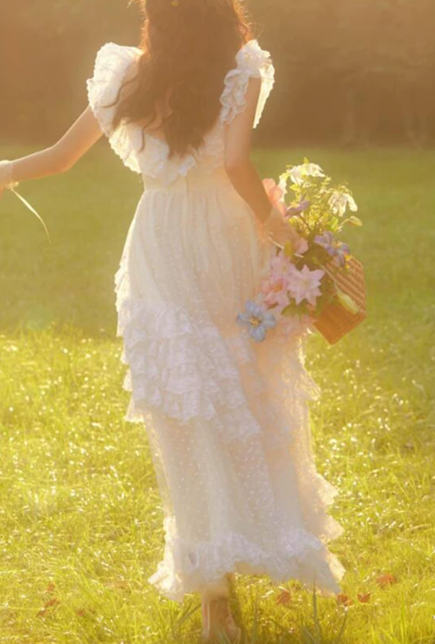 Glam Square Neck Wedding Dresses Ruffled Lace A-Line Bridal Dress C9978