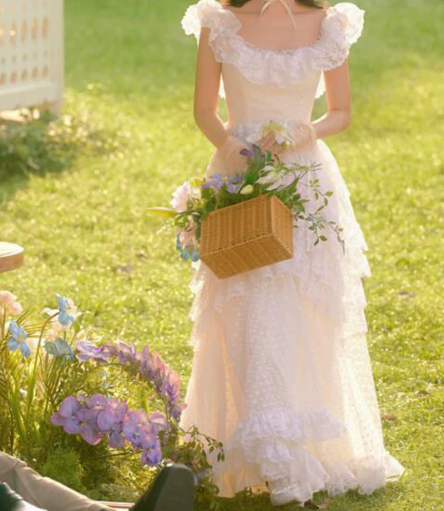 Glam Square Neck Wedding Dresses Ruffled Lace A-Line Bridal Dress C9978