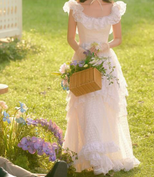 Glam Square Neck Wedding Dresses Ruffled Lace A-Line Bridal Dress C9978