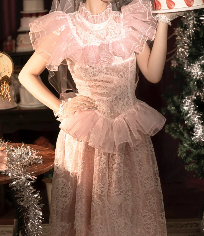 Alluring Lace Pink Prom Dress Ruffles A-Line Evening Dress C9979