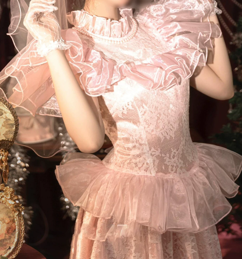 Alluring Lace Pink Prom Dress Ruffles A-Line Evening Dress C9979