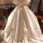 Unique Square Neck Wedding Dresses Satin Lace Short Sleeve A-Line Bridal Dress C9980