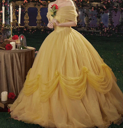 Cute Off-Shoulder Yellow Prom Dress Sequins Tulle A-Line Evening Dress C9981
