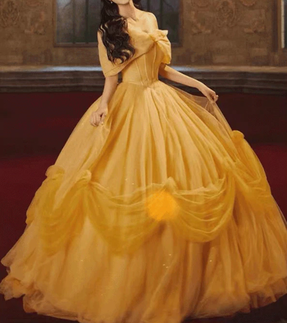 Cute Off-Shoulder Yellow Prom Dress Sequins Tulle A-Line Evening Dress C9981
