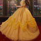 Cute Off-Shoulder Yellow Prom Dress Sequins Tulle A-Line Evening Dress C9981