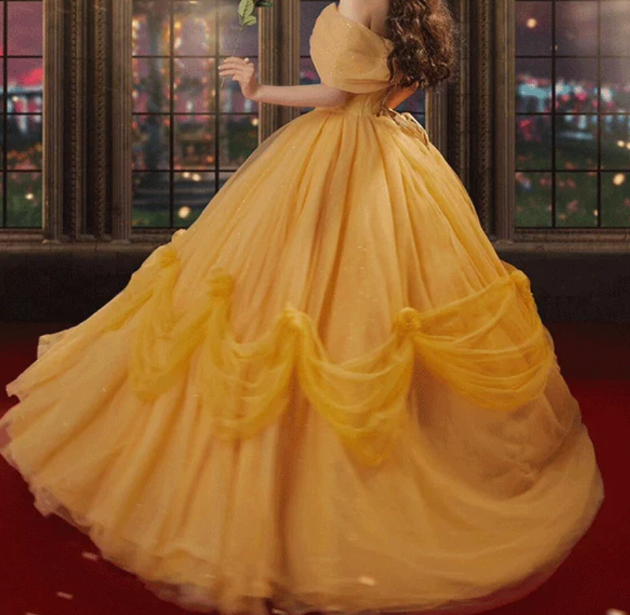 Cute Off-Shoulder Yellow Prom Dress Sequins Tulle A-Line Evening Dress C9981