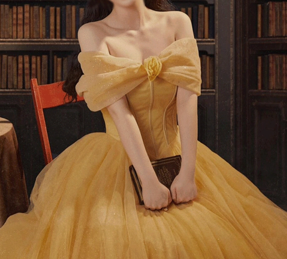 Cute Off-Shoulder Yellow Prom Dress Sequins Tulle A-Line Evening Dress C9981