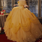 Cute Off-Shoulder Yellow Prom Dress Sequins Tulle A-Line Evening Dress C9981