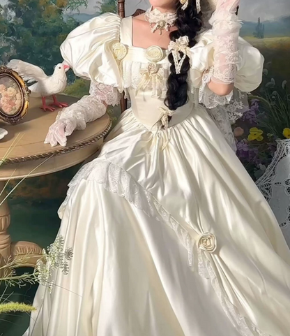 Graceful Square Neck Lace Wedding Dresses Satin Short Sleeve A-Line Bridal Dress C9982