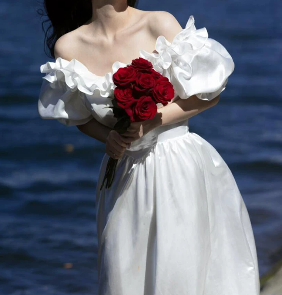 Alluring Off-Shoulder Bows Wedding Dresses Satin Ruffles A-Line Bridal Dress C9985