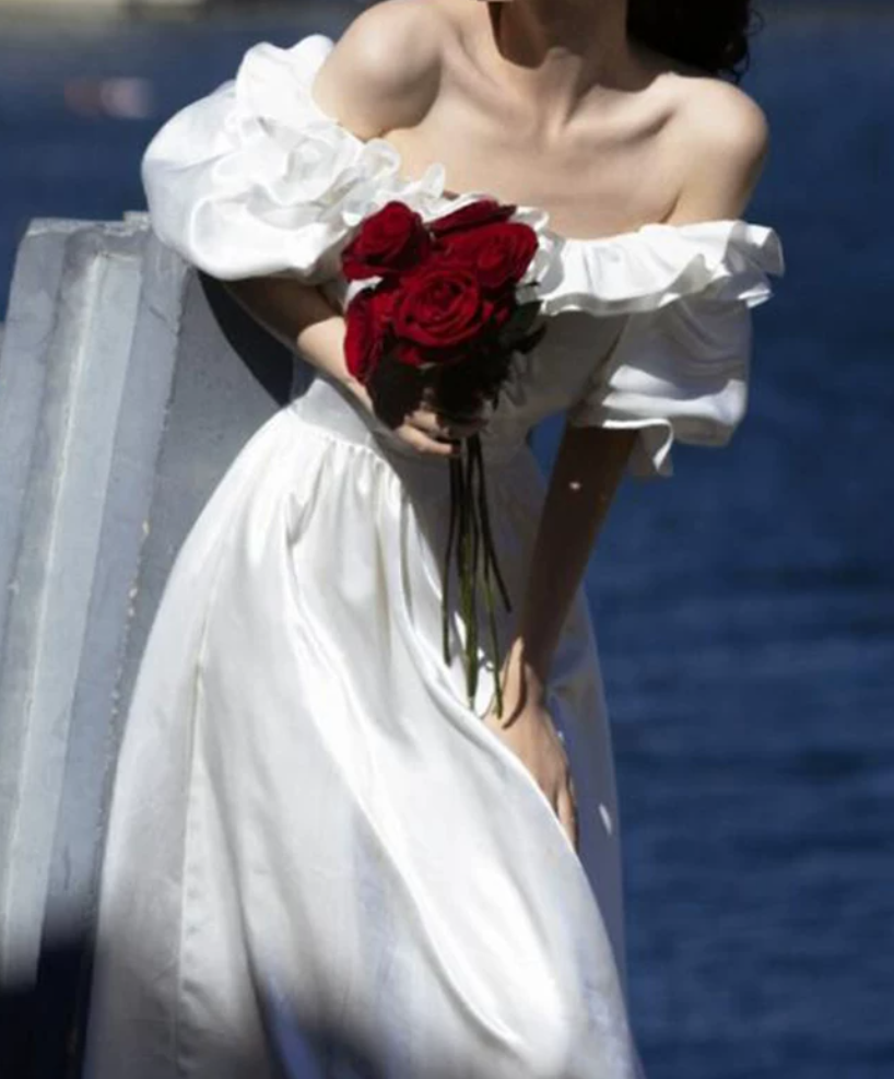 Alluring Off-Shoulder Bows Wedding Dresses Satin Ruffles A-Line Bridal Dress C9985