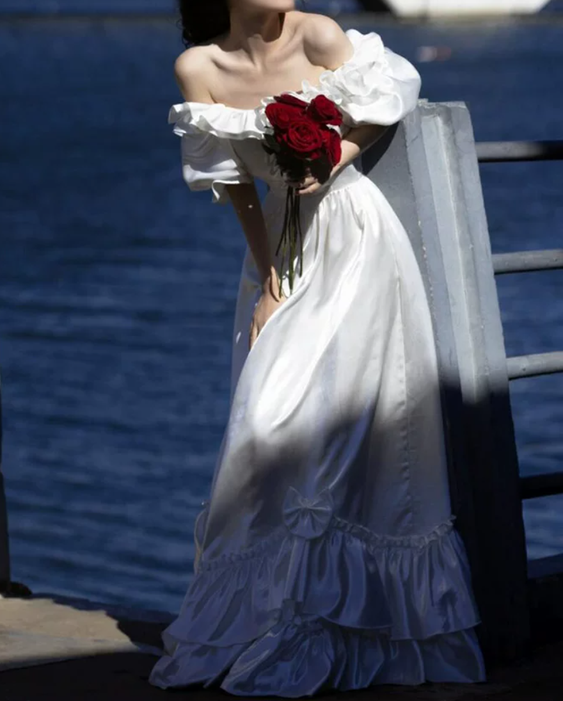 Alluring Off-Shoulder Bows Wedding Dresses Satin Ruffles A-Line Bridal Dress C9985