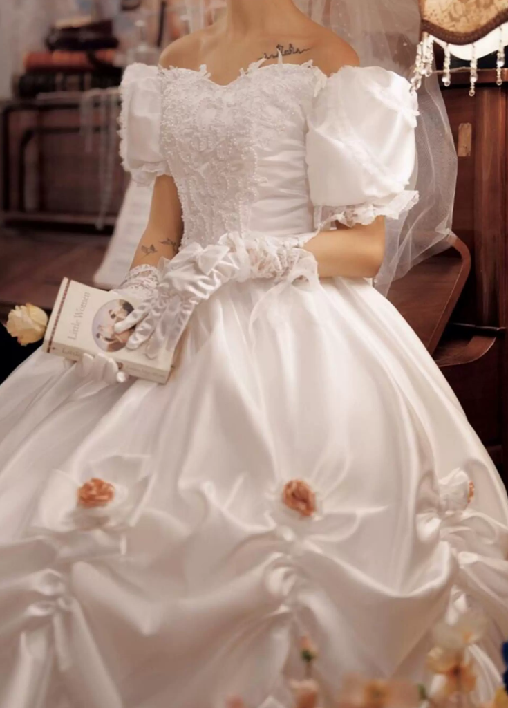 Alluring Off-Shoulder Floral Wedding Dresses Satin Appliques A-Line Bridal Dress C9986