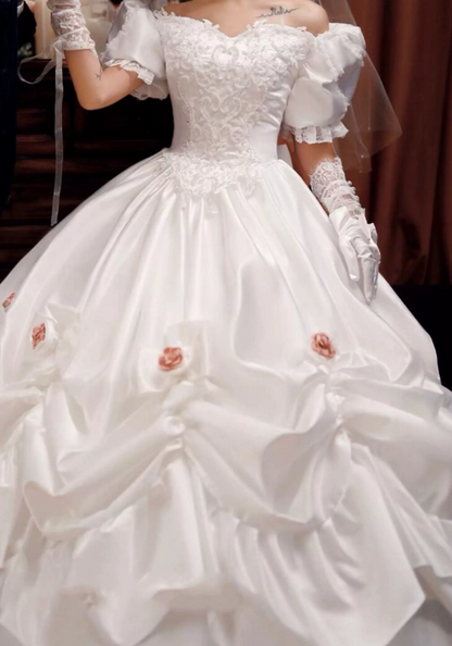 Alluring Off-Shoulder Floral Wedding Dresses Satin Appliques A-Line Bridal Dress C9986