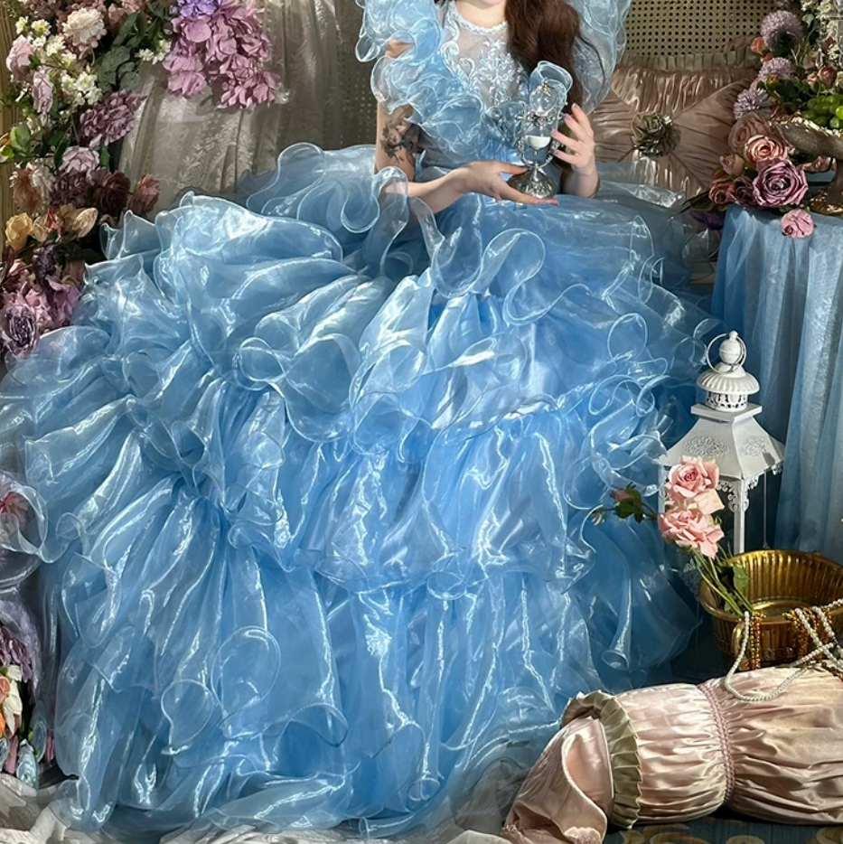 Attractive Sleeveless Blue Prom Dress Ruffles Tiered A-Line Evening Dress C9988