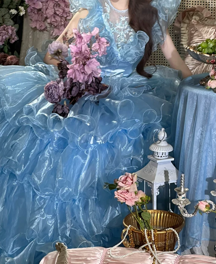 Attractive Sleeveless Blue Prom Dress Ruffles Tiered A-Line Evening Dress C9988
