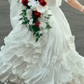 Playful Jewel Neck Wedding Dresses Short Sleeve Satin Tiered A-Line Bridal Dress C9993