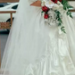 Playful Jewel Neck Wedding Dresses Short Sleeve Satin Tiered A-Line Bridal Dress C9993
