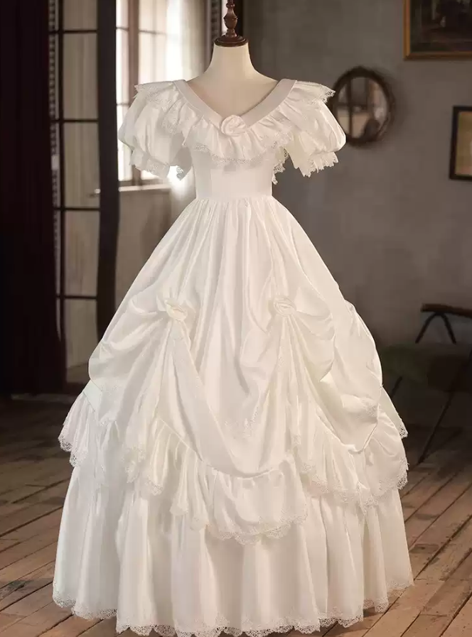 Classical V Neck Wedding Dresses Short Sleeve Satin Lace A-Line Bridal Dress C9994