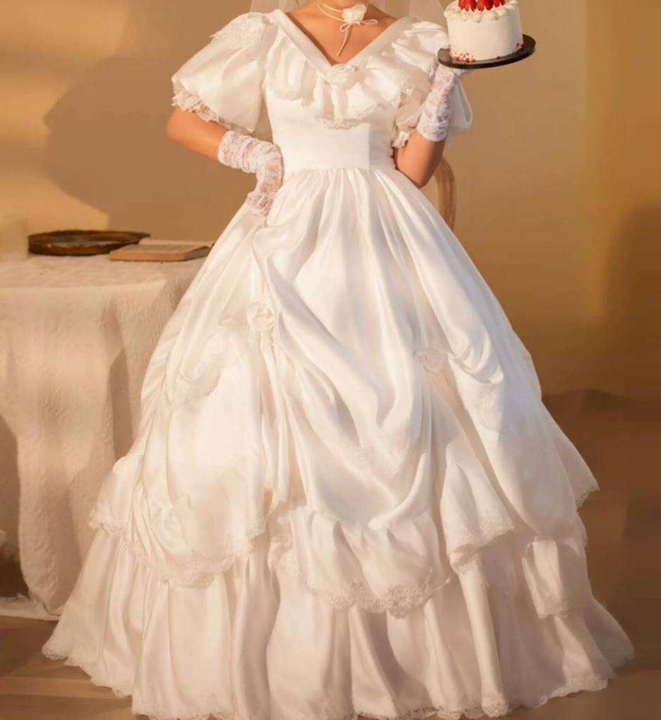Classical V Neck Wedding Dresses Short Sleeve Satin Lace A-Line Bridal Dress C9994